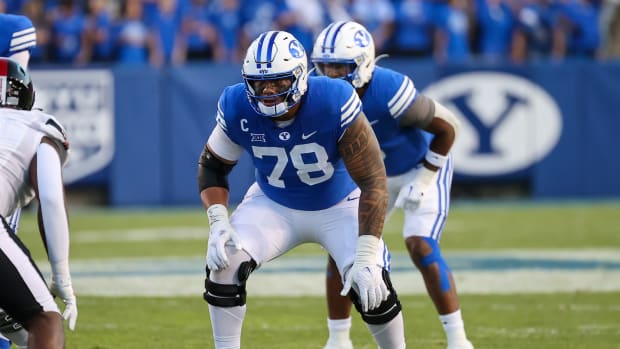 Oct 21, 2023; Provo, Utah, USA; Brigham Young Cougars offensive lineman Kingsley Suamataia (78) prepares to block against the Texas Tech Red Raiders in the first half at LaVell Edwards Stadium.